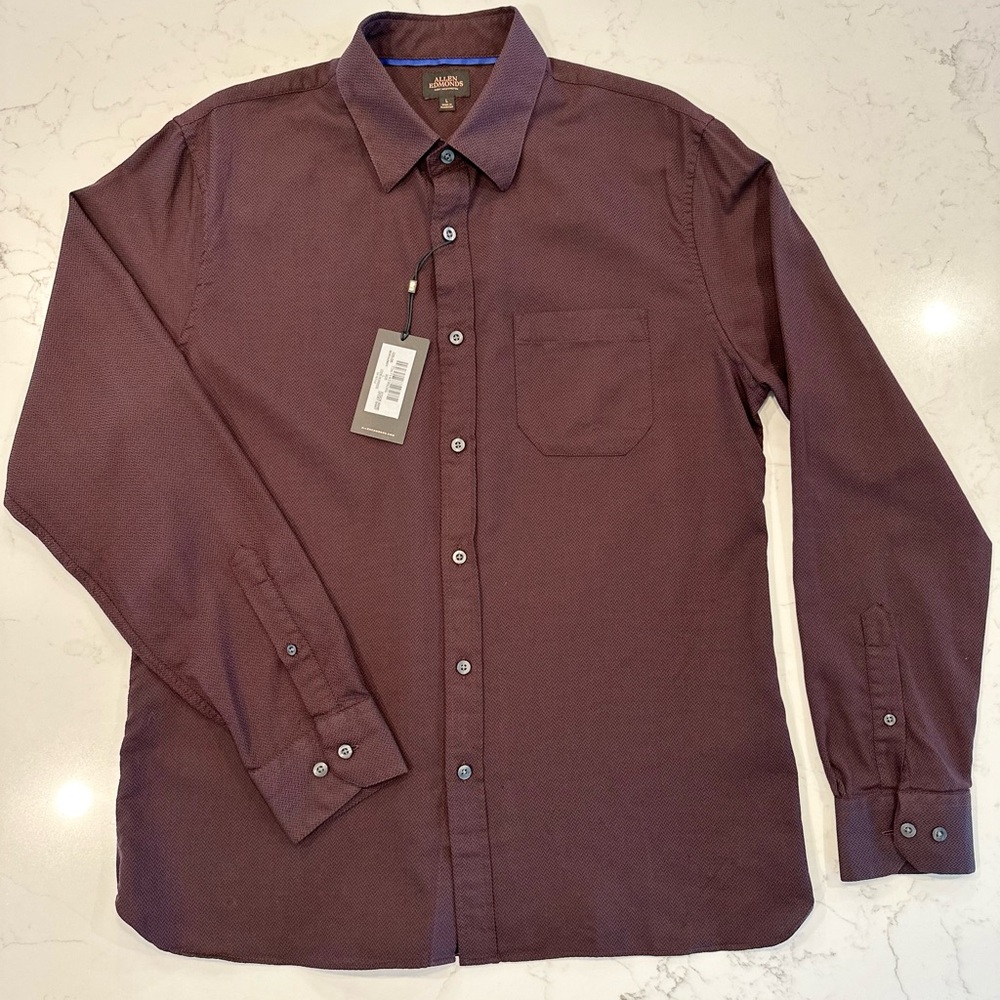 Allen Edmonds Men's Burgundy Button Down Shirt, 100% cotton